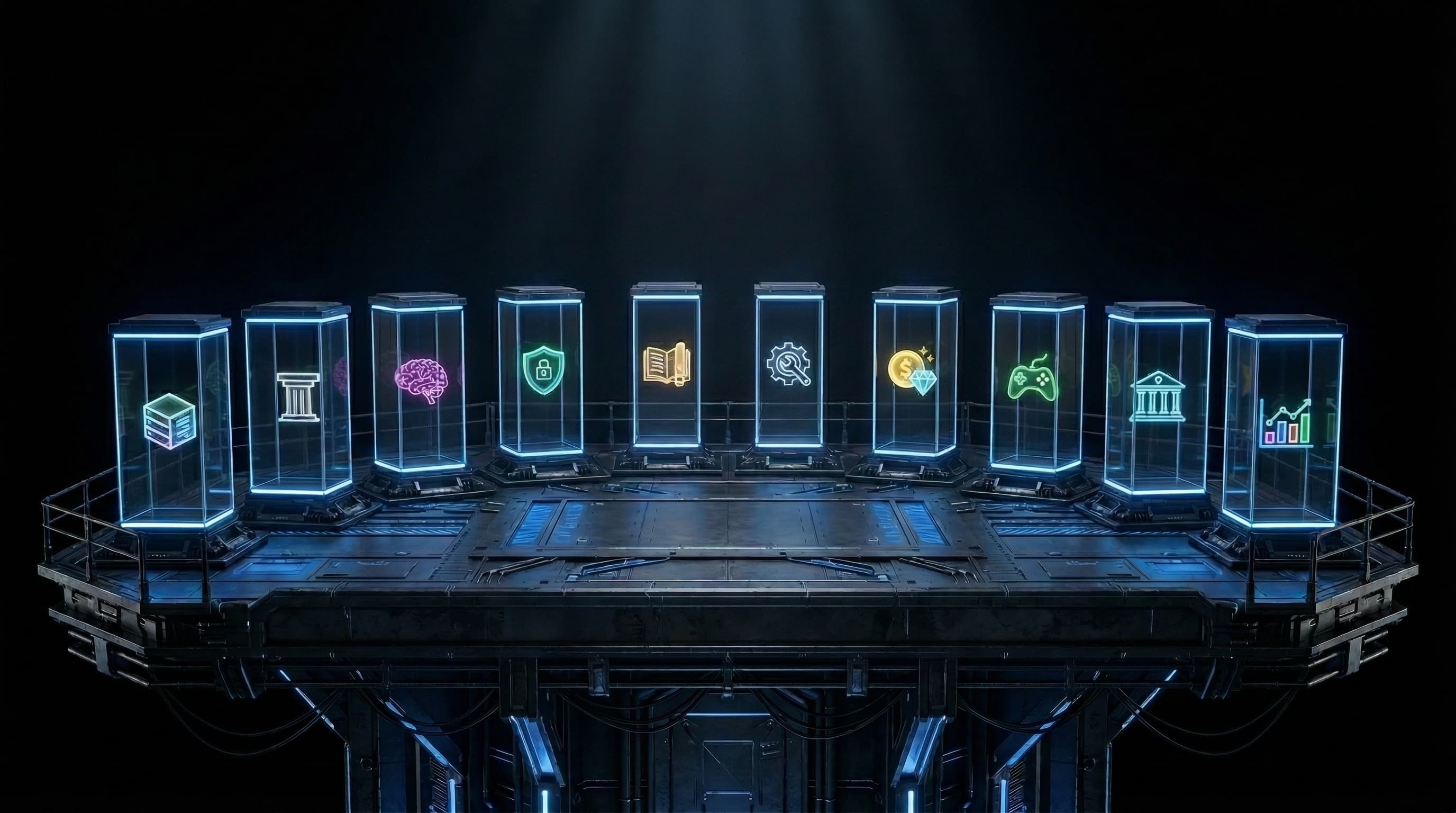 Tower top floor — ecosystem showcase with 10 category pedestals